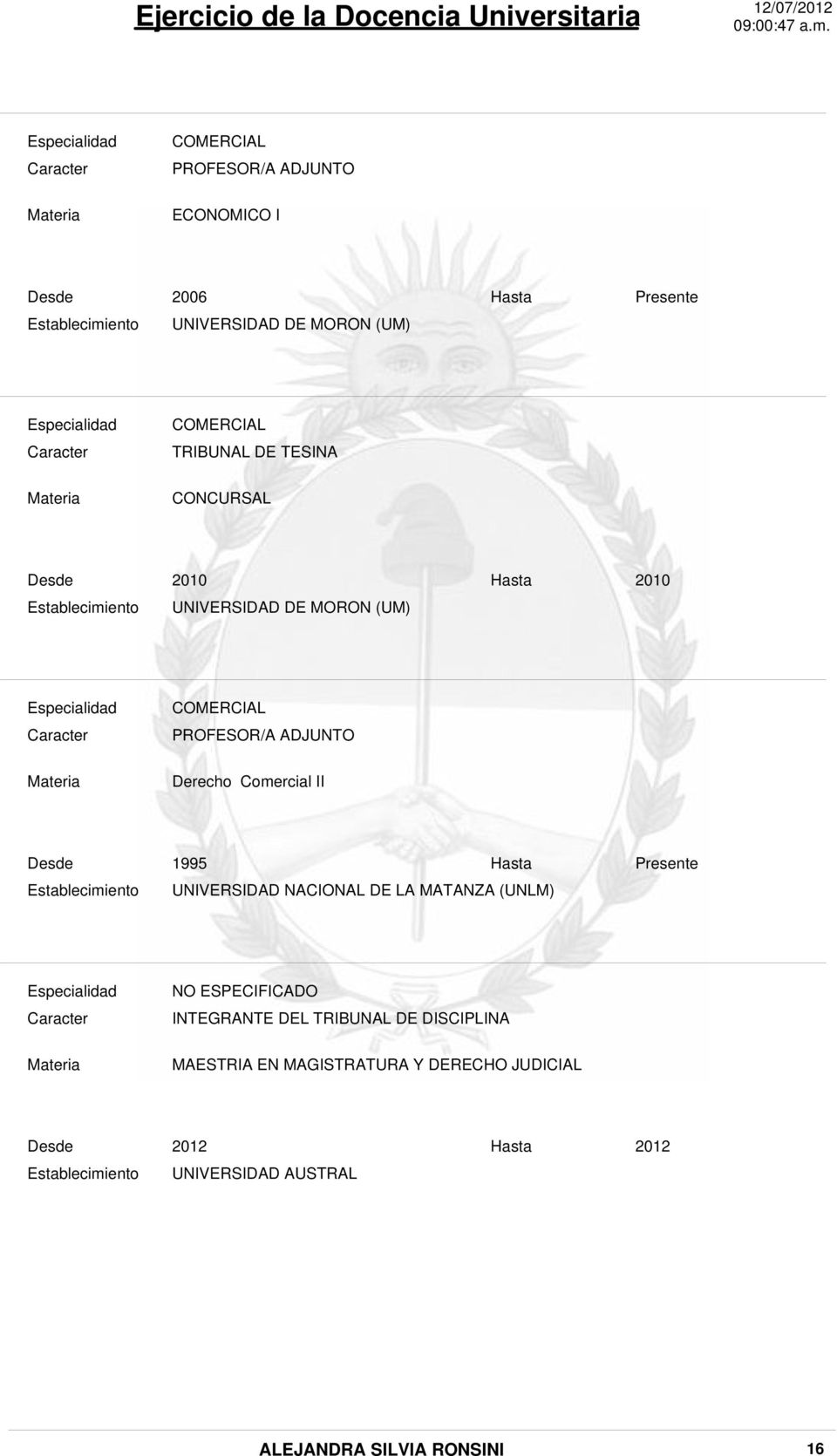 PROFESOR/A ADJUNTO Derecho Comercial II Establecimiento 1995 Hasta Presente UNIVERSIDAD NACIONAL DE LA MATANZA (UNLM) Caracter Materia