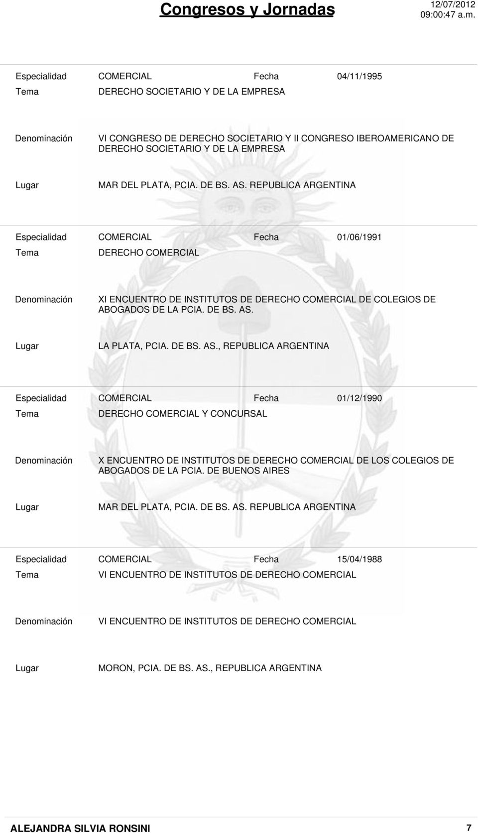 DE BUENOS AIRES MAR DEL PLATA, PCIA. DE BS. AS. REPUBLICA ARGENTINA 15/04/1988 VI ENCUENTRO DE INSTITUTOS DE DERECHO VI ENCUENTRO DE INSTITUTOS DE DERECHO MORON, PCIA. DE BS. AS., REPUBLICA ARGENTINA ALEJANDRA SILVIA RONSINI 7