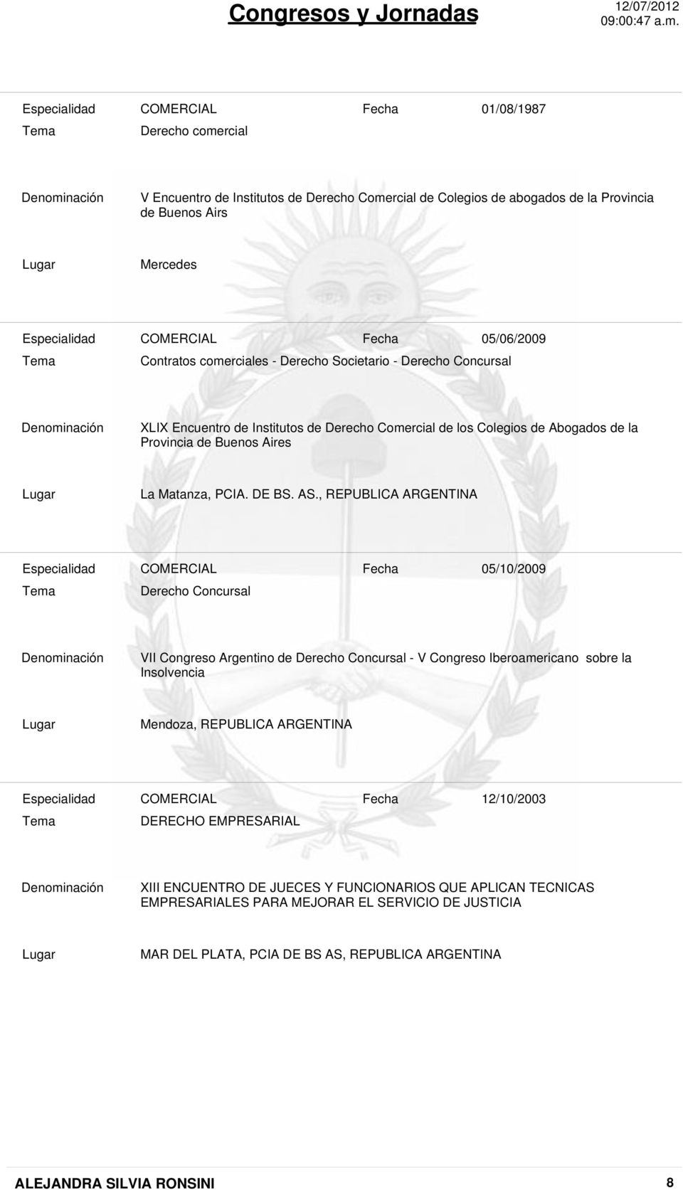 , REPUBLICA ARGENTINA 05/10/2009 Derecho Concursal VII Congreso Argentino de Derecho Concursal - V Congreso Iberoamericano sobre la Insolvencia Mendoza, REPUBLICA ARGENTINA 12/10/2003 DERECHO