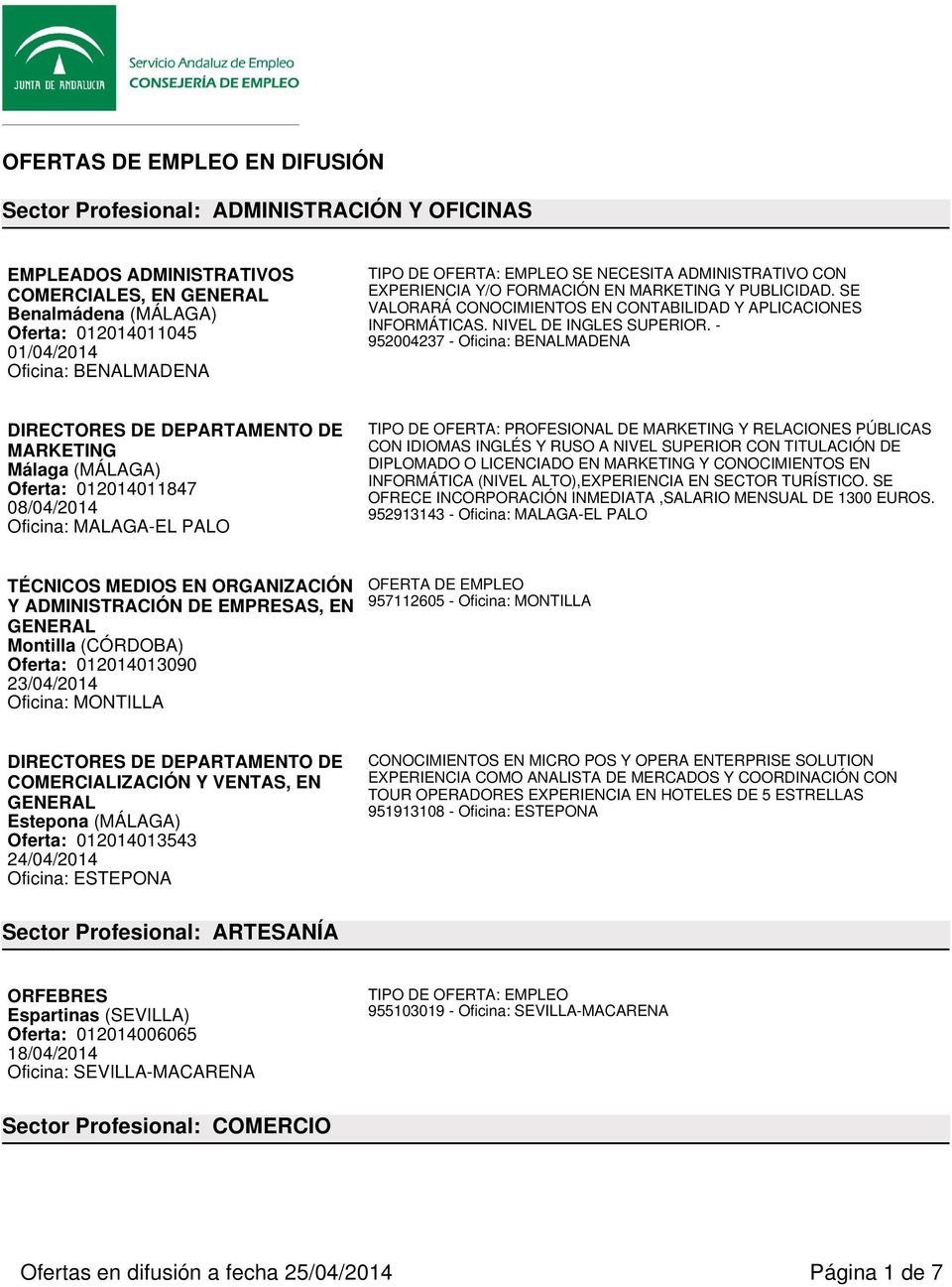 - DIRECTORES DE DEPARTAMENTO DE MARKETING Oferta: 012014011847 08/04/2014 Oficina: MALAGA-EL PALO TIPO DE OFERTA: PROFESIONAL DE MARKETING Y RELACIONES PÚBLICAS CON IDIOMAS INGLÉS Y RUSO A NIVEL