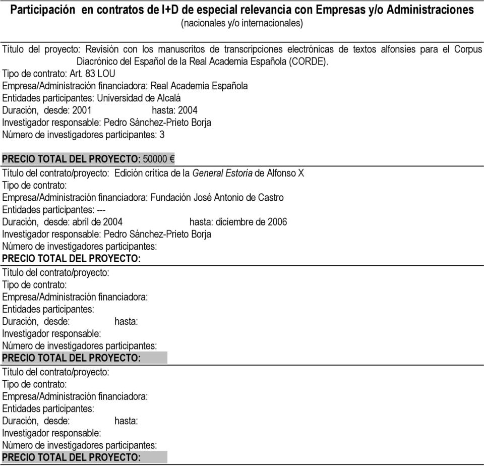 83 LOU Empresa/Administración financiadora: Real Academia Española Entidades participantes: Universidad de Alcalá Duración, desde: 2001 hasta: 2004 Investigador responsable: Pedro Sánchez-Prieto