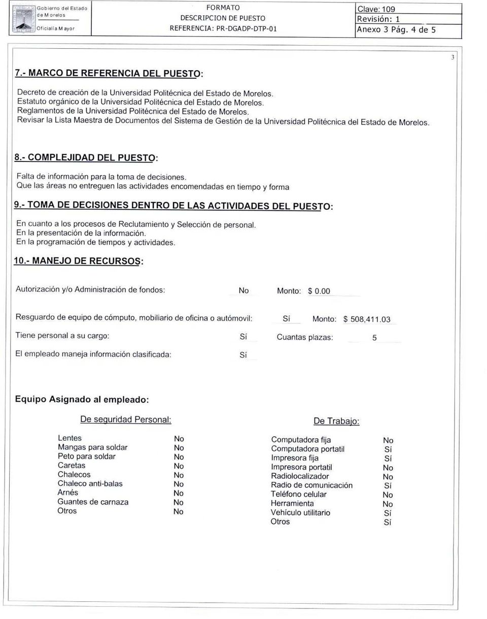 Revisar la Lista Maestra de Documentos del Sistema de Gestión de la Universidad Politécnica del Estado de Morelos. 8.- COMPLEJIDAD DEL PUESTO: Falta de información para la toma de decisiones.