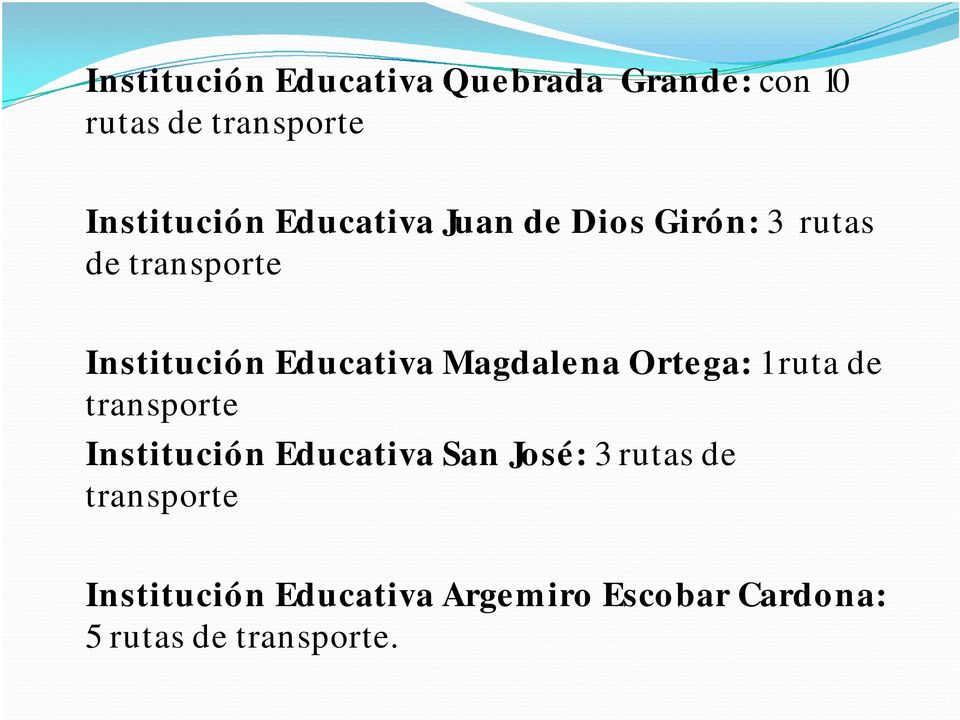Magdalena Ortega: 1 ruta de transporte Institución Educativa San José: 3 rutas