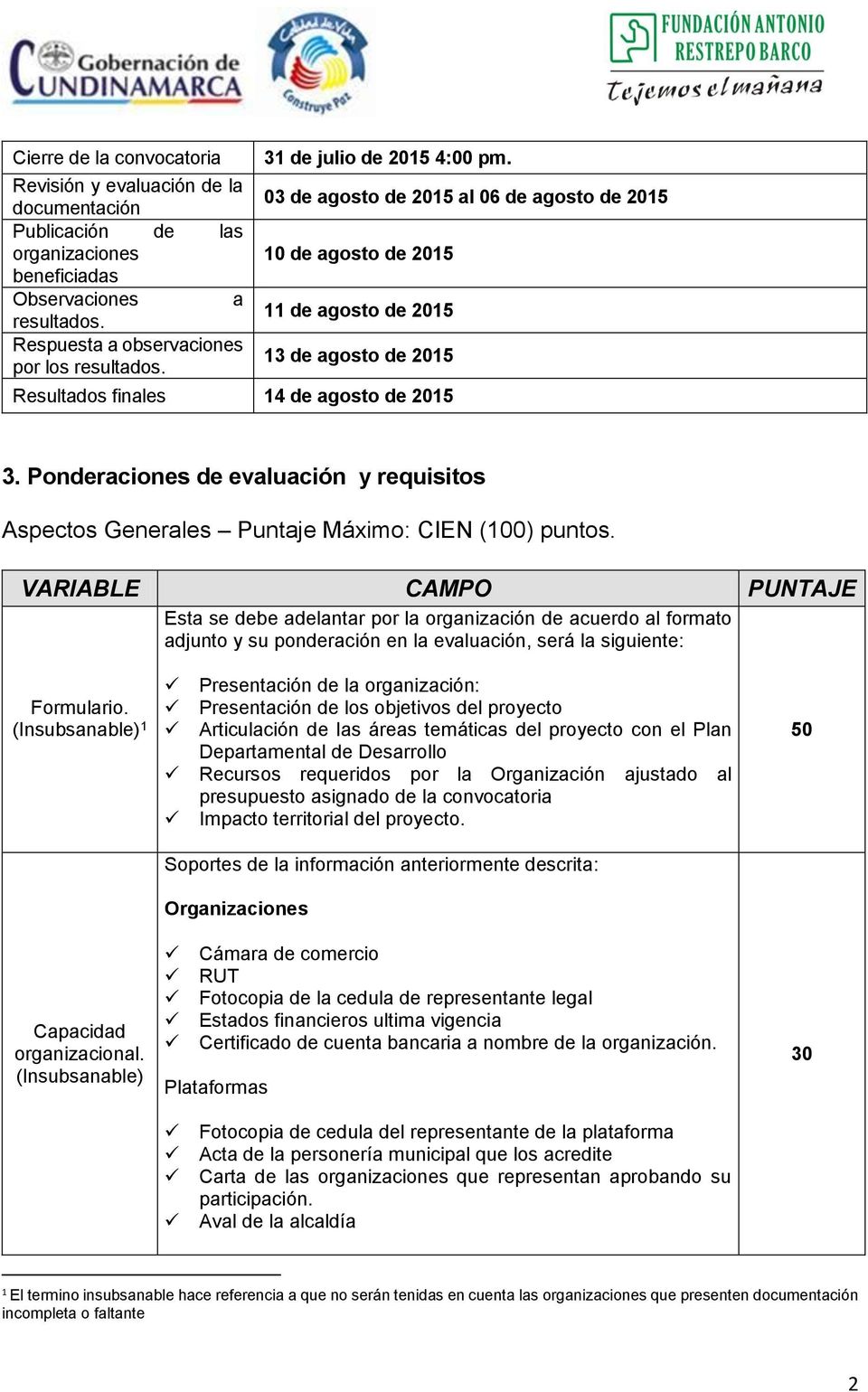 Ponderaciones de evaluación y requisitos Aspectos Generales Puntaje Máximo: CIEN (100) puntos.