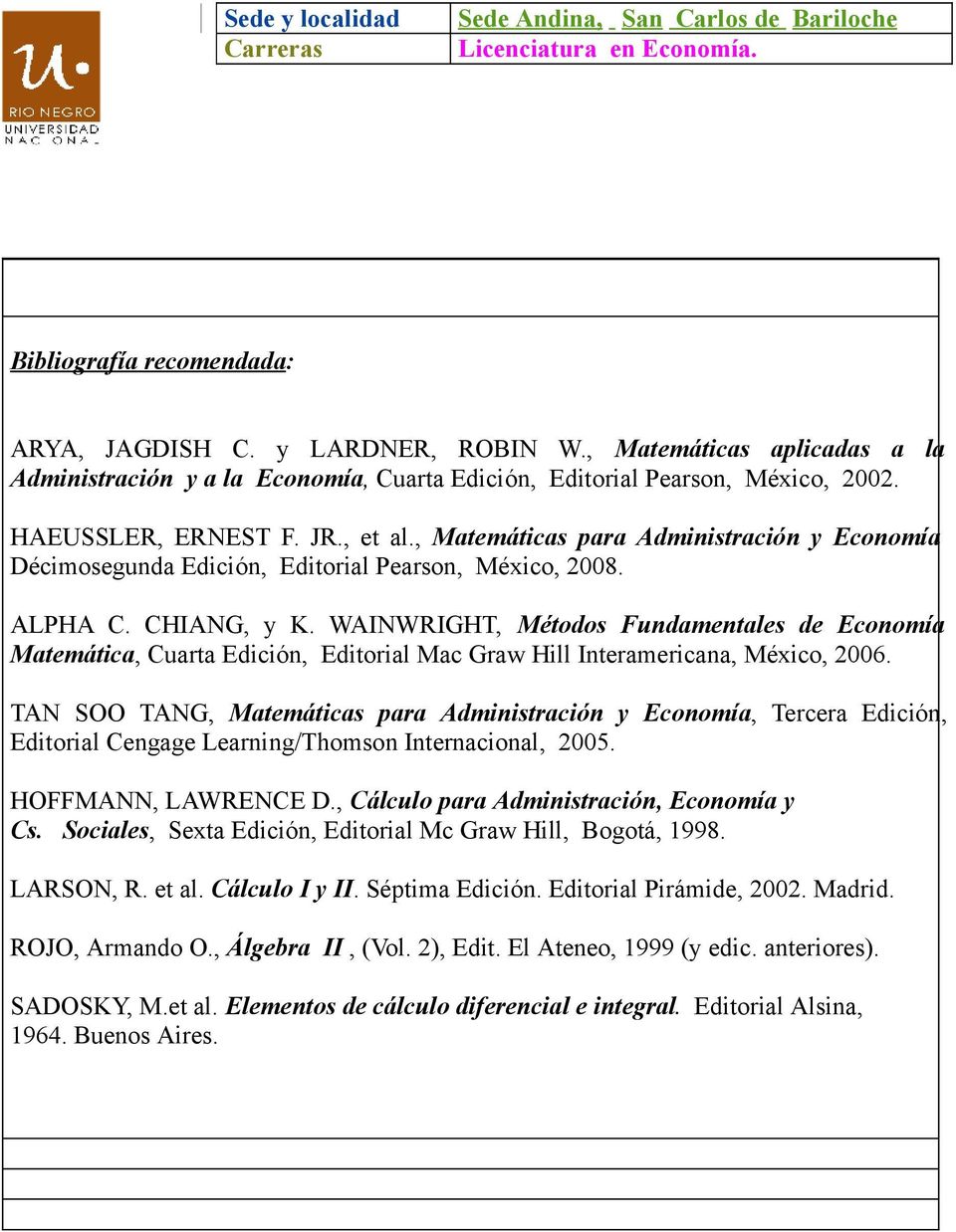 WAINWRIGHT, Métodos Fundamentales de Economía Matemática, Cuarta Edición, Editorial Mac Graw Hill Interamericana, México, 2006.