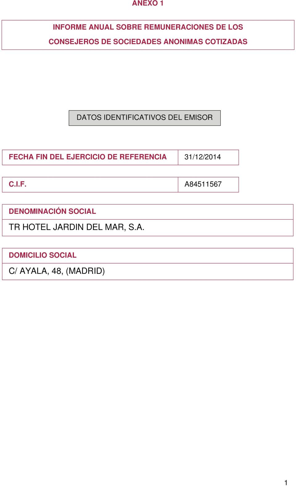 FIN DEL EJERCICIO DE REFERENCIA 31/12/2014 C.I.F. A84511567 DENOMINACIÓN SOCIAL TR HOTEL JARDIN DEL MAR, S.