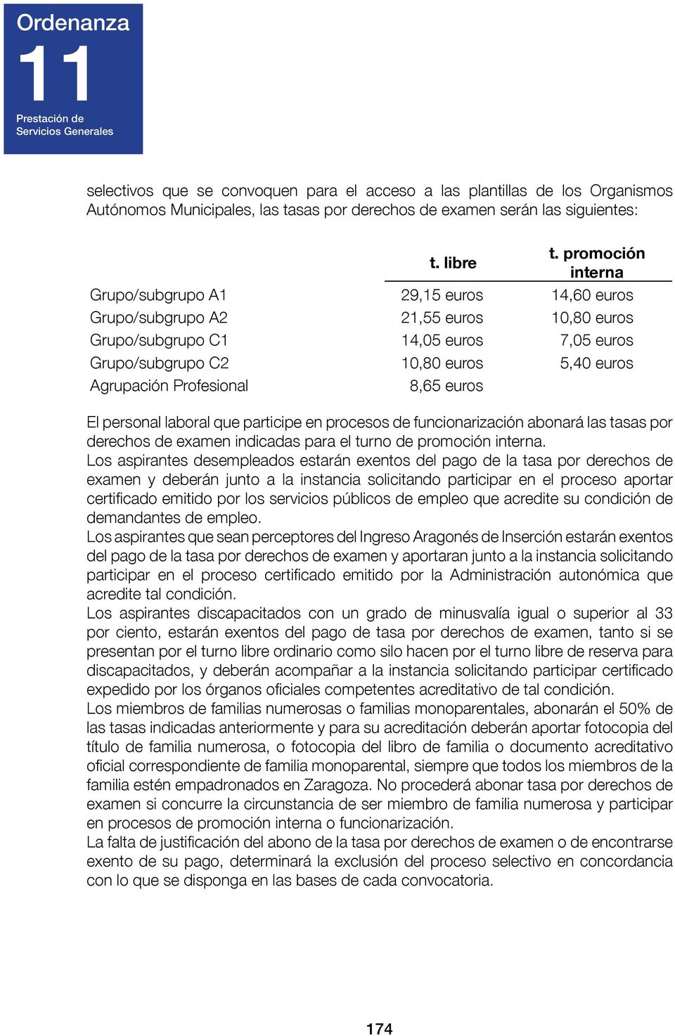 Profesional 8,65 euros El personal laboral que participe en procesos de funcionarización abonará las tasas por derechos de examen indicadas para el turno de promoción interna.