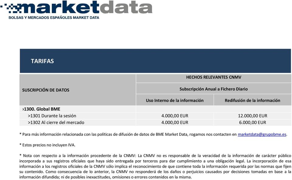 000,00 EUR * Para más información relacionada con las políticas de difusión de datos de BME Market Data, rogamos nos contacten en marketdata@grupobme.es. * Estos precios no incluyen IVA.