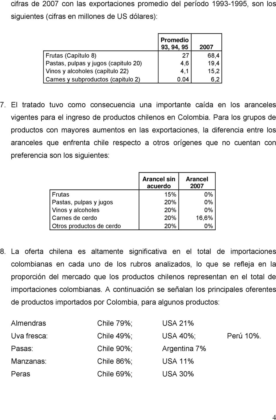 El tratado tuvo como consecuencia una importante caída en los aranceles vigentes para el ingreso de productos chilenos en Colombia.
