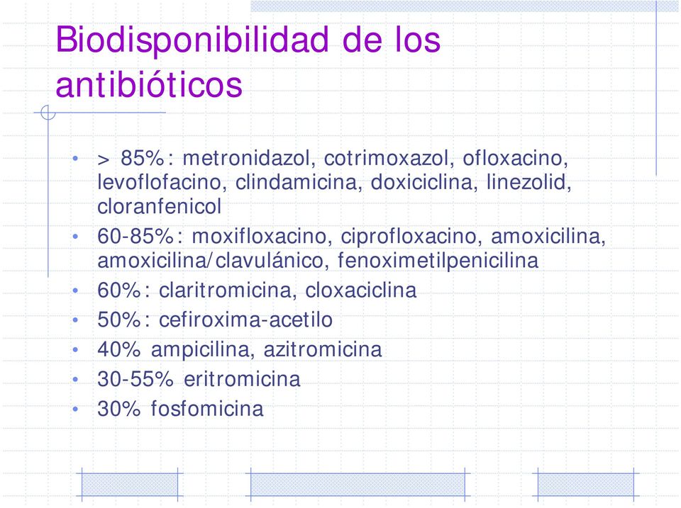 ciprofloxacino, amoxicilina, amoxicilina/clavulánico, fenoximetilpenicilina 60%: