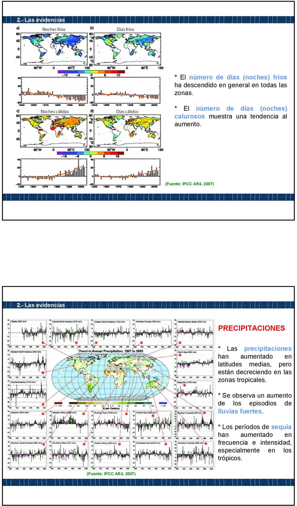- Las evidencias PRECIPITACIONES * Las precipitaciones han aumentado en latitudes medias, pero están decreciendo en