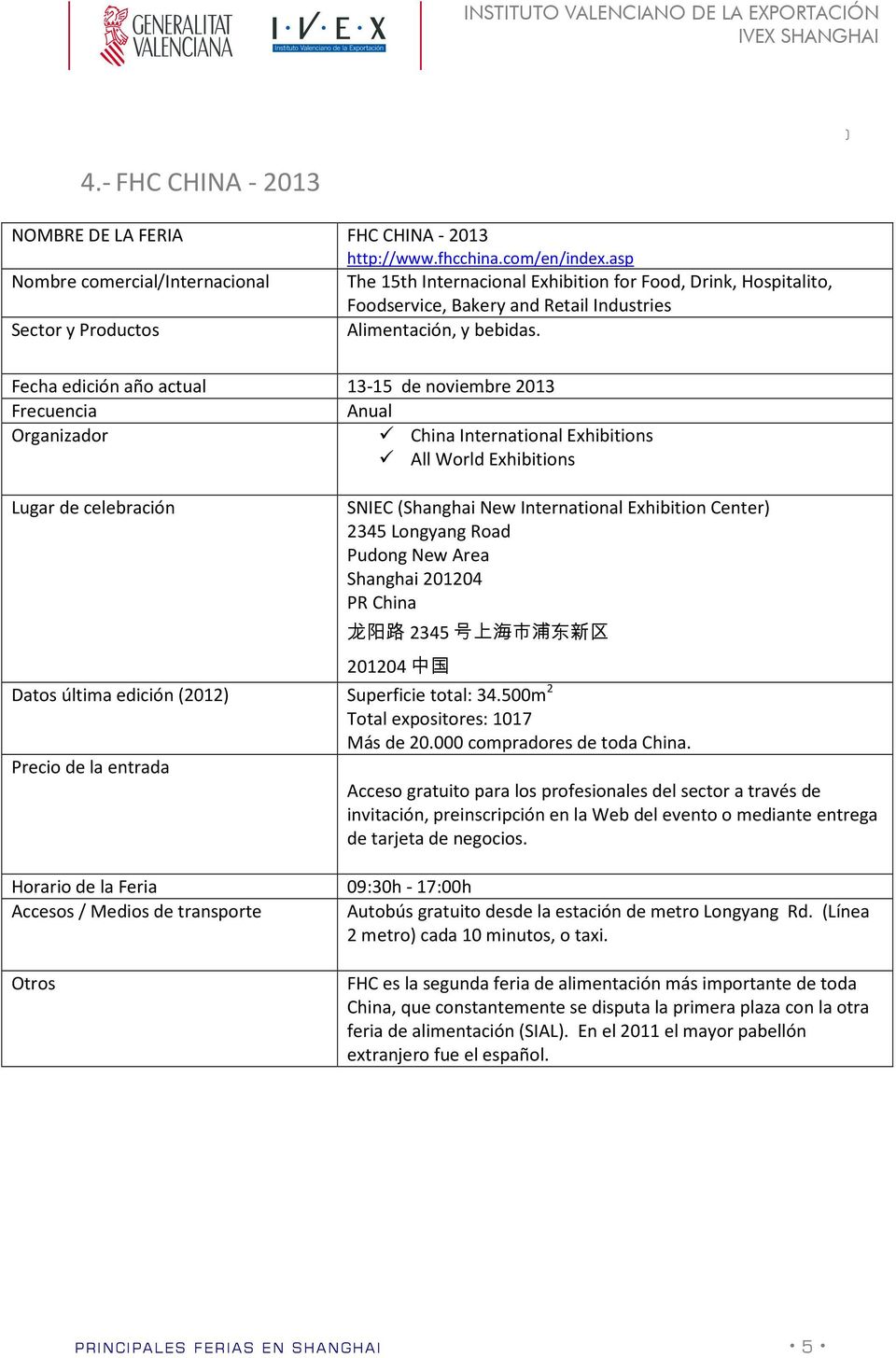 Fecha edición año actual 13-15 de noviembre 2013 Organizador China International Exhibitions All World Exhibitions Lugar de celebración SNIEC (Shanghai New International Exhibition Center 2345