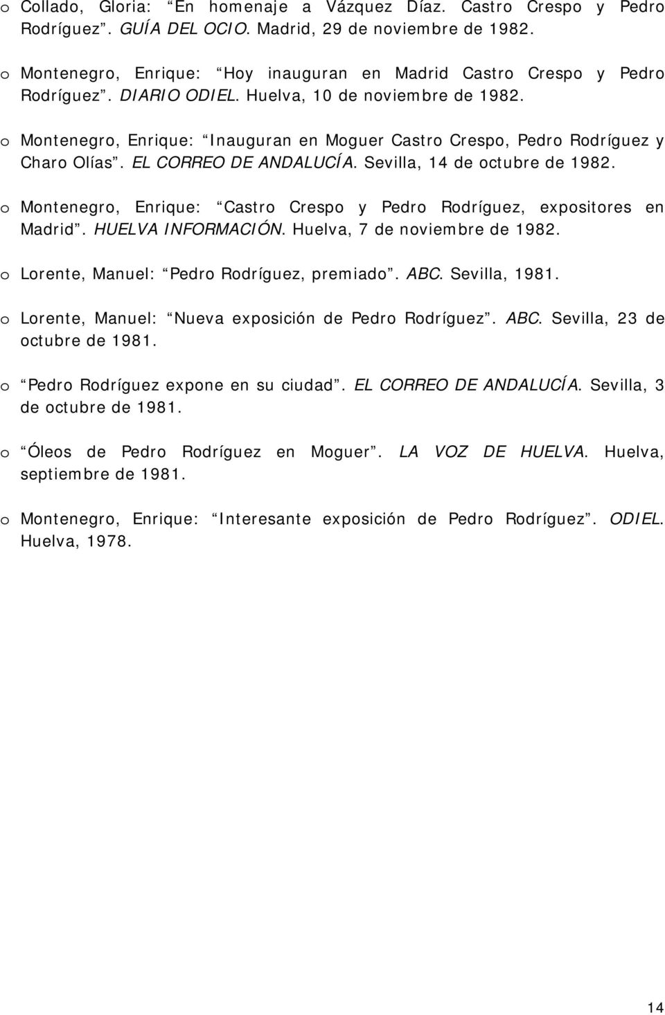 o Montenegro, Enrique: Inauguran en Moguer Castro Crespo, Pedro Rodríguez y Charo Olías. EL CORREO DE ANDALUCÍA. Sevilla, 14 de octubre de 1982.