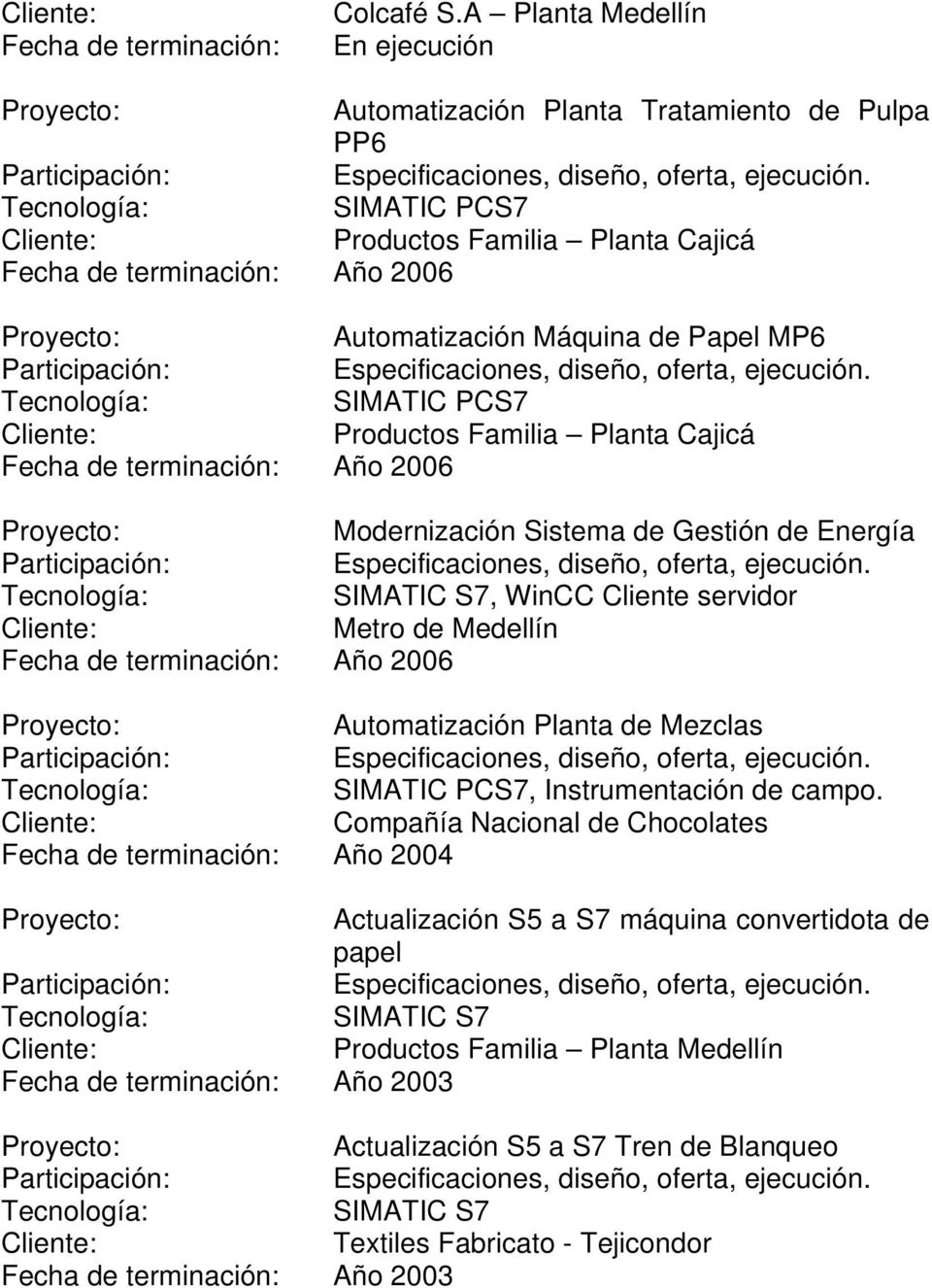 Familia Planta Cajicá Fecha de terminación: Año 2006 Modernización Sistema de Gestión de Energía SIMATIC S7, WinCC Cliente servidor Metro de Medellín Fecha de terminación: Año 2006