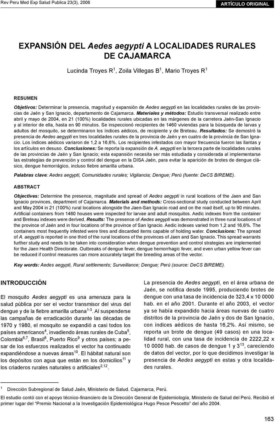 expansión de Aedes aegypti en las localidades rurales de las provincias de Jaén y San Ignacio, departamento de Cajamarca.