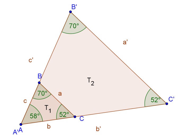 r Paso de a 3: Si dos triángulos tienen los ángulos homólogos iguales, entonces pueden colocarse en posición de Tales Al ser A = A, T 1 y T pueden dibujarse compartiendo