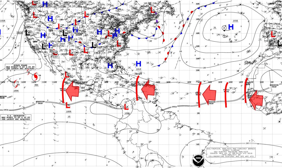 Las líneas de color rojo establecen la ubicación aproximada de ondas tropicales durante un día reciente de julio, que se ha tomado como ejemplo para señalar una mayor frecuencia de dichas ondas en