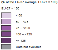 Figura 3. Producto Interior Bruto por NUTS3 en estándar de poder adquisitivo (EPA), como porcentaje de la media de la UE-27.