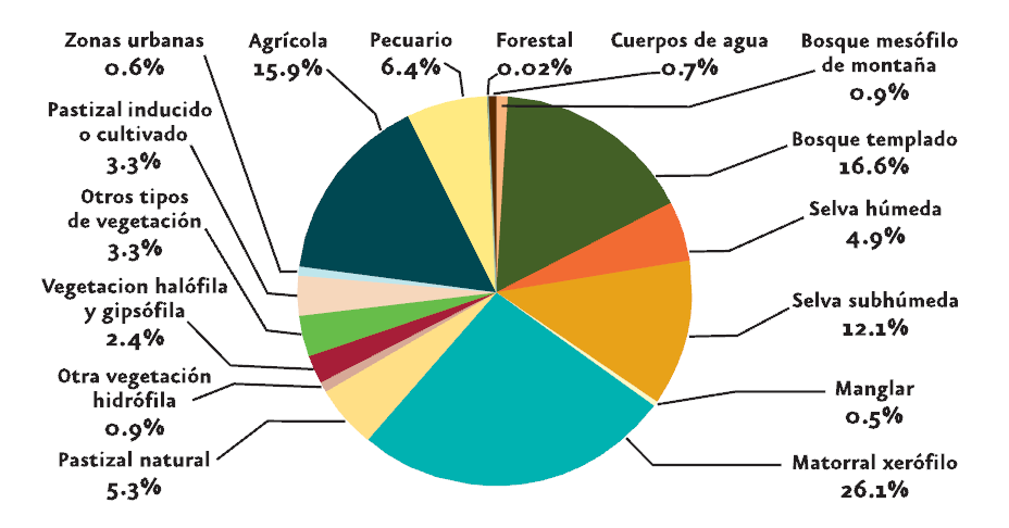 Estado actual del uso del Suelo en México El porcentaje de territorio en el cual pudiese estarse dando la actividad agropecuaria es estimada en un 57% del territorio nacional, si