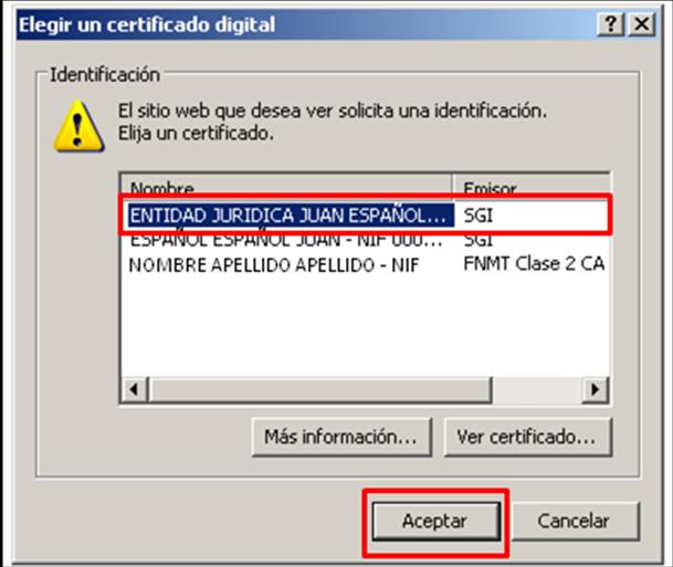 2.1 Acceso con Certificado Digital Pinchando sobre el icono de Certificado Digital se accede a la siguiente pantalla, donde se seleccionará el certificado con el que se quiere trabajar, a