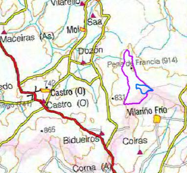 Zona de estudio y objetivos del trabajo de teledetección Zona de estudio: Monte vecinal (MVMC) de 136 Ha situado en Pena de Francia (Dozón, Pontevedra) Parcela test de 13 ha