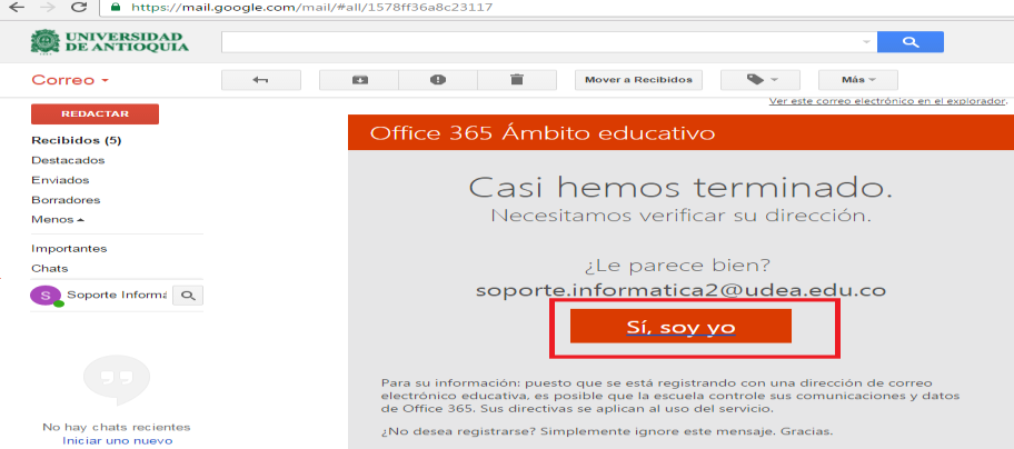 5. Ingresar al correo institucional y hacer clic sobre el mensaje recibido desde el remitente Office 365 6.