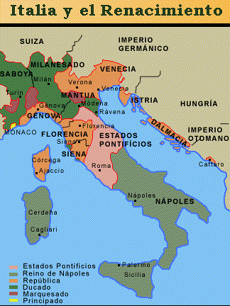 El renacimiento italiano se origina en las ciudades que florecieron en el centro y norte de Italia, como Florencia, Milán y Venecia, su riqueza financió los