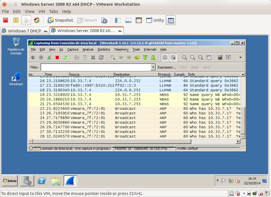13. Análisis de los mensajes DHCP con Wireshark. Arranco el Servidor DHCP Windows 2008 Server R2 y un cliente Windows 7 con la configuración de red au
