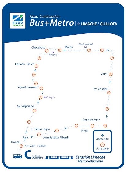 COMBINACIÓN METRO + BUS Este servicio de transporte integra las comunas de Quillota, Limache Viejo, La Calera y Olmué, a través de buses a la red de Metro Valparaíso, en la estación de Limache.