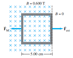 4) Una bobina cuadrada de alambre, con lado l = 5.00 cm y resistencia total de 100 W, contiene 100 espiras y se coloca perpendicular a un campo magnético uniforme de 0.