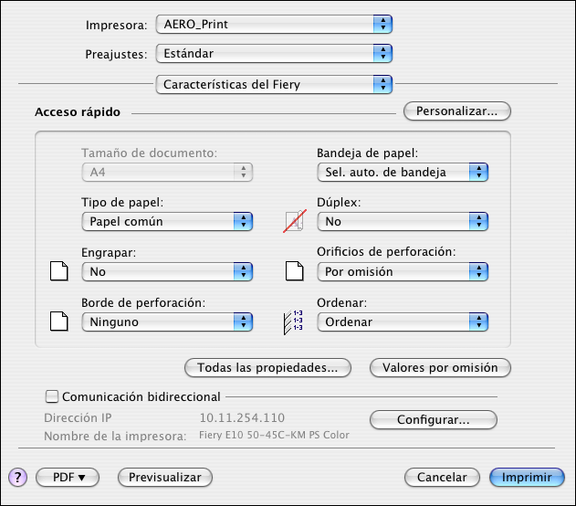 OPCIONES DE IMPRESIÓN DE COLORWISE 104 En Mac OS X v10.5: Seleccione Ajuste de color en la lista desplegable y a continuación, seleccione En la impresora.