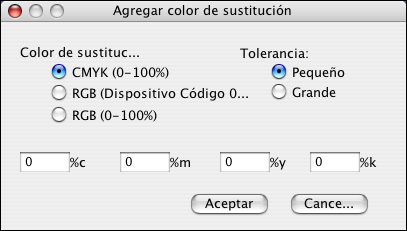 SPOT-ON 81 Cuadro de diálogo Color de sustitución Es posible definir el modo de color y el rango de tolerancia de un color de sustitución, con ayuda de los cuadros de diálogo Agregar color de