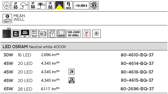 Ø60 205 340 600 IP luminaire 65 IK 08 (5J) - Todos los productos están fabricados siguiendo las normas de seguridad y electromagnetismo de Europa: EN 60598-1:2004, EN 60598-2-3:2003, EN 55015:2006,