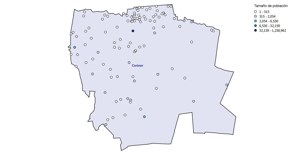 En la Figura 2 se muestra la distribución de las localidades del municipio según el Censo del 2010 son 106 localidades además de la cabecera municipal.