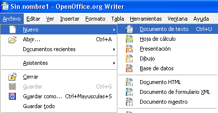 Tema 1: Introducción a OpenOffice 3 Si lo que pretendemos es abrir un documento nuevo, entonces optaríamos por la opción Nuevo del menú Archivo y aquí elegir el tipo de documento de OpenOffice a
