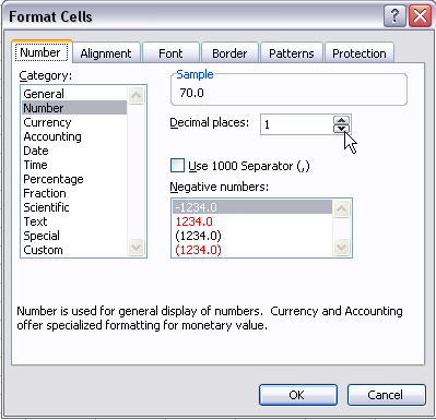 1. Seleccione la celda que contiene la fórmula del promedio del primer estudiante. 2. Haga un clic en Format/ Cells para que aparezca la caja de diálogo de Format. 3.