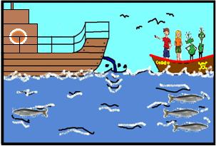 Luchín: Súbanse a nuestro barco y disfrutemos del paseo! Míren amigos! Allá abajo viene un cardumen de pequeños pececitos. Luchín: Si, es verdad Miren! El barco está botando un líquido por el costado.