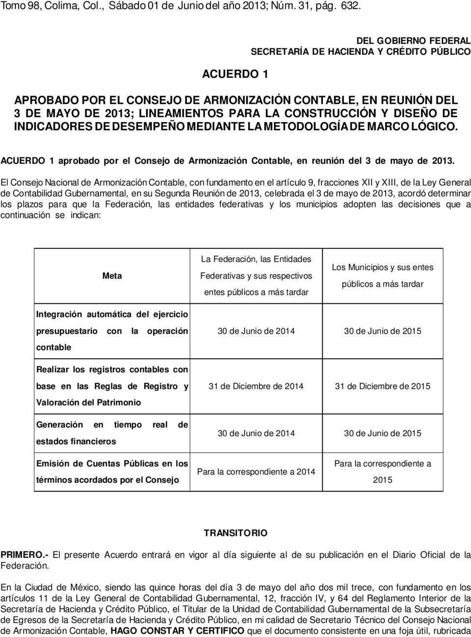 DE INDICADORES DE DESEMPEÑO MEDIANTE LA METODOLOGÍA DE MARCO LÓGICO. ACUERDO 1 aprobado por el Consejo de Armonización Contable, en reunión del 3 de mayo de 2013.