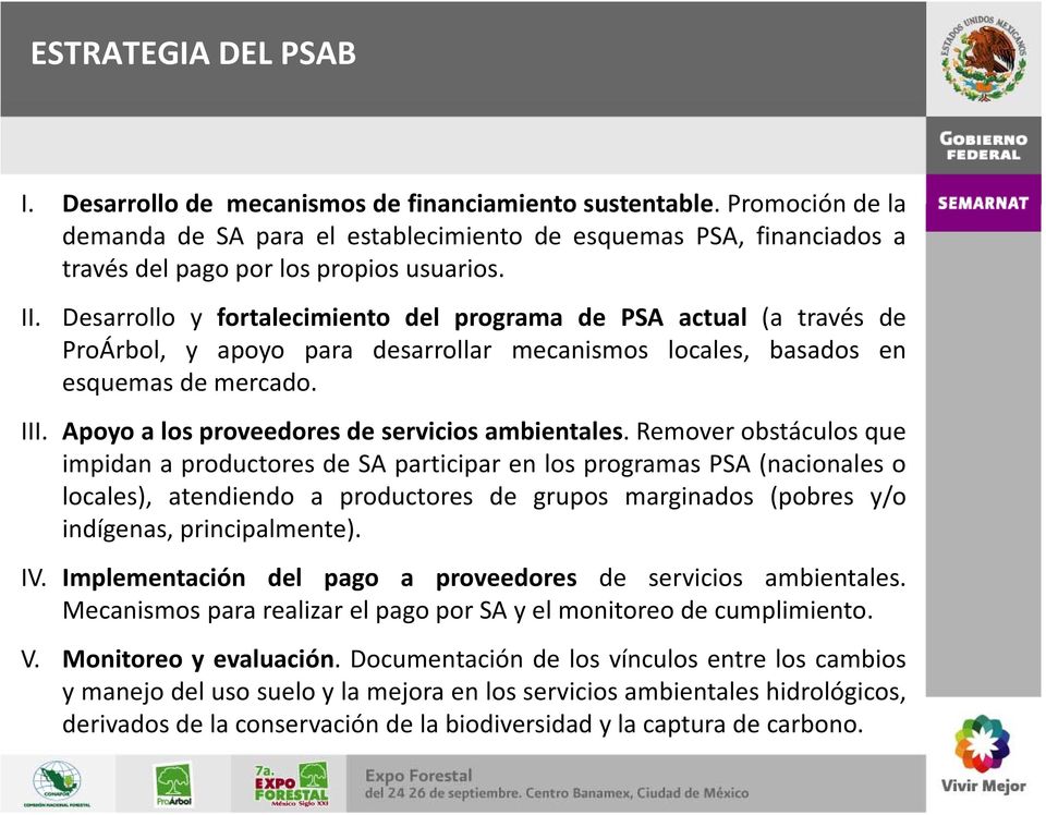 Desarrollo y fortalecimiento del programa de PSA actual (a través de ProÁrbol, y apoyo para desarrollar mecanismos locales, basados en esquemas de mercado. III.