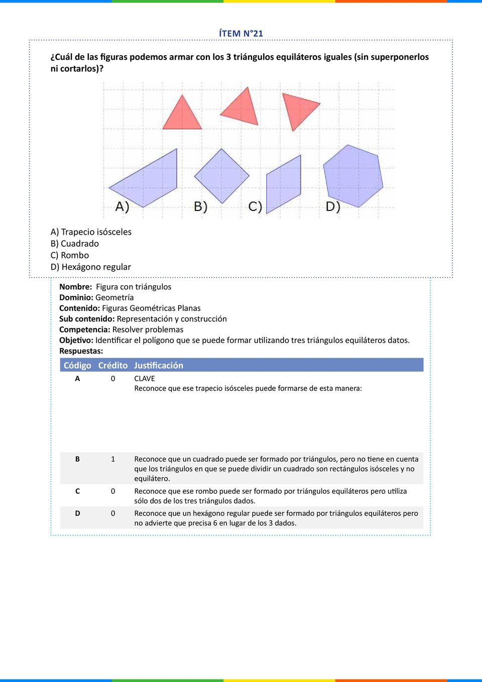 Competencia: Resolver problemas Objetivo: Identificar el polígono que se puede formar utilizando tres triángulos equiláteros datos.