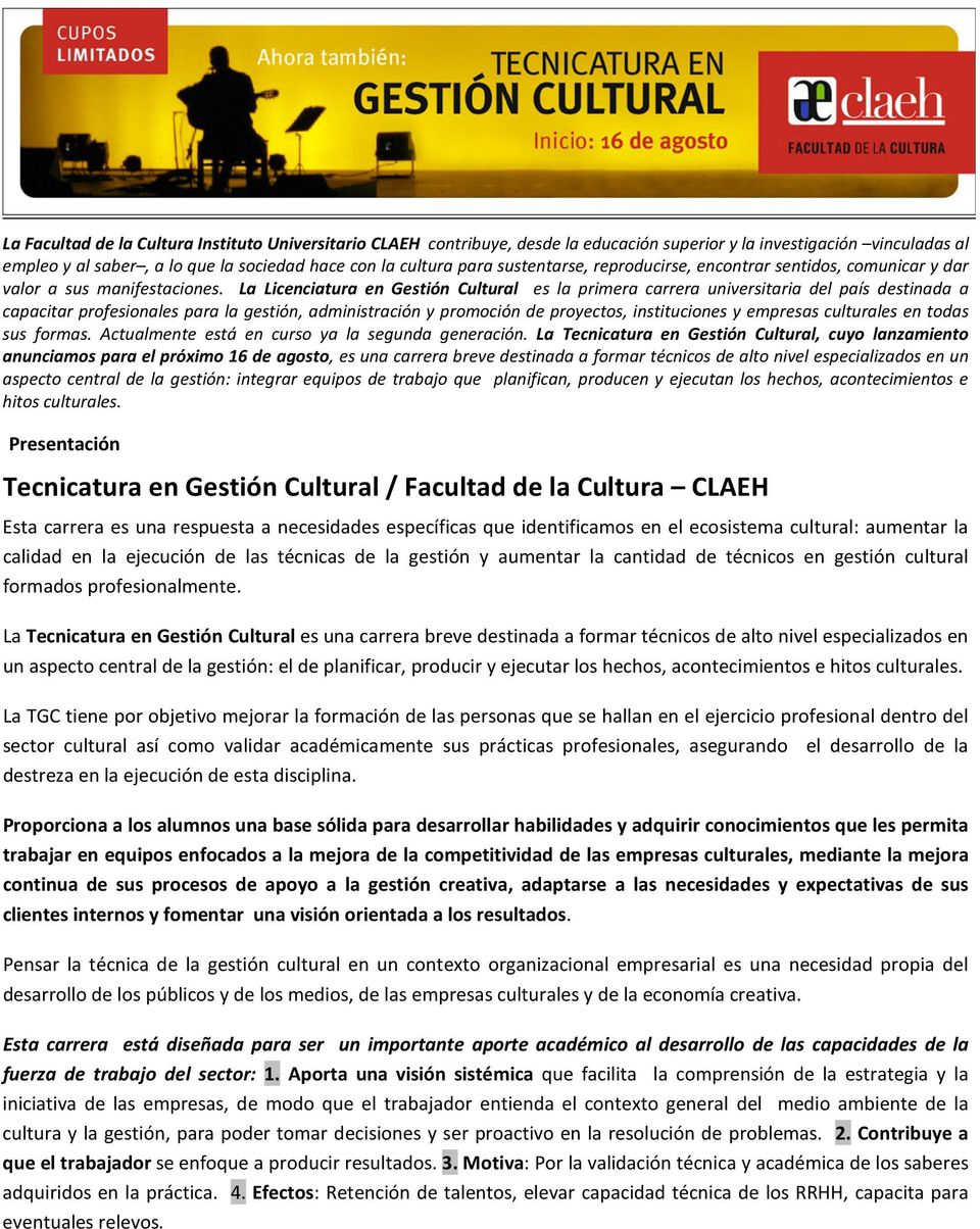Tecnicatura en Gestión Cultural / Facultad de la Cultura CLAEH - PDF  Descargar libre