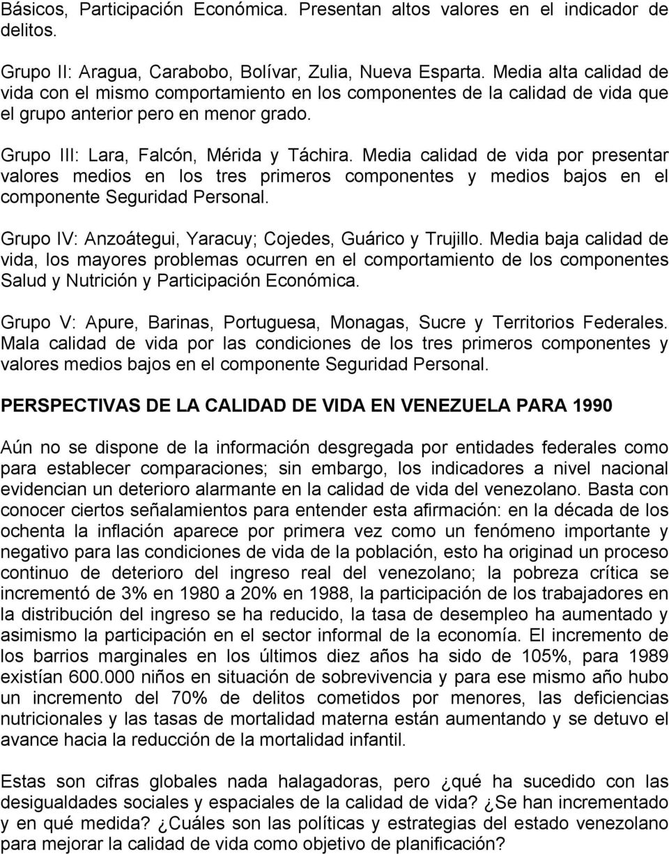 Media calidad de vida por presentar valores medios en los tres primeros componentes y medios bajos en el componente Seguridad Personal. Grupo IV: Anzoátegui, Yaracuy; Cojedes, Guárico y Trujillo.