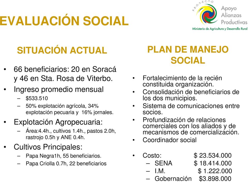 Papa Criolla 0.7h, 22 beneficiarios PLAN DE MANEJO SOCIAL Fortalecimiento de la recién constituida organización. Consolidación de beneficiarios de los dos municipios.