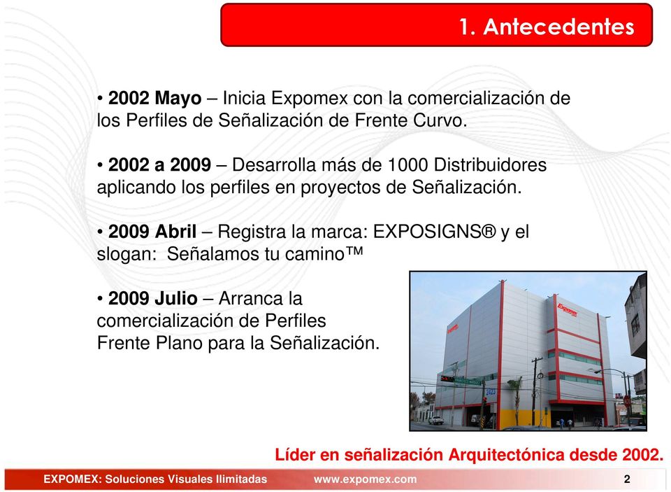2009 Abril Registra la marca: EXPOSIGNS y el slogan: Señalamos tu camino 2009 Julio Arranca la comercialización de
