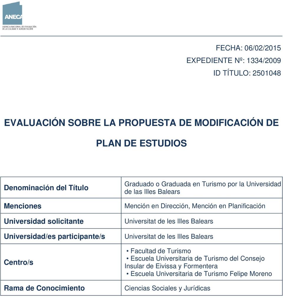 de las Illes Balears Mención en Dirección, Mención en Planificación Universitat de les Illes Balears Universitat de les Illes Balears Facultad de