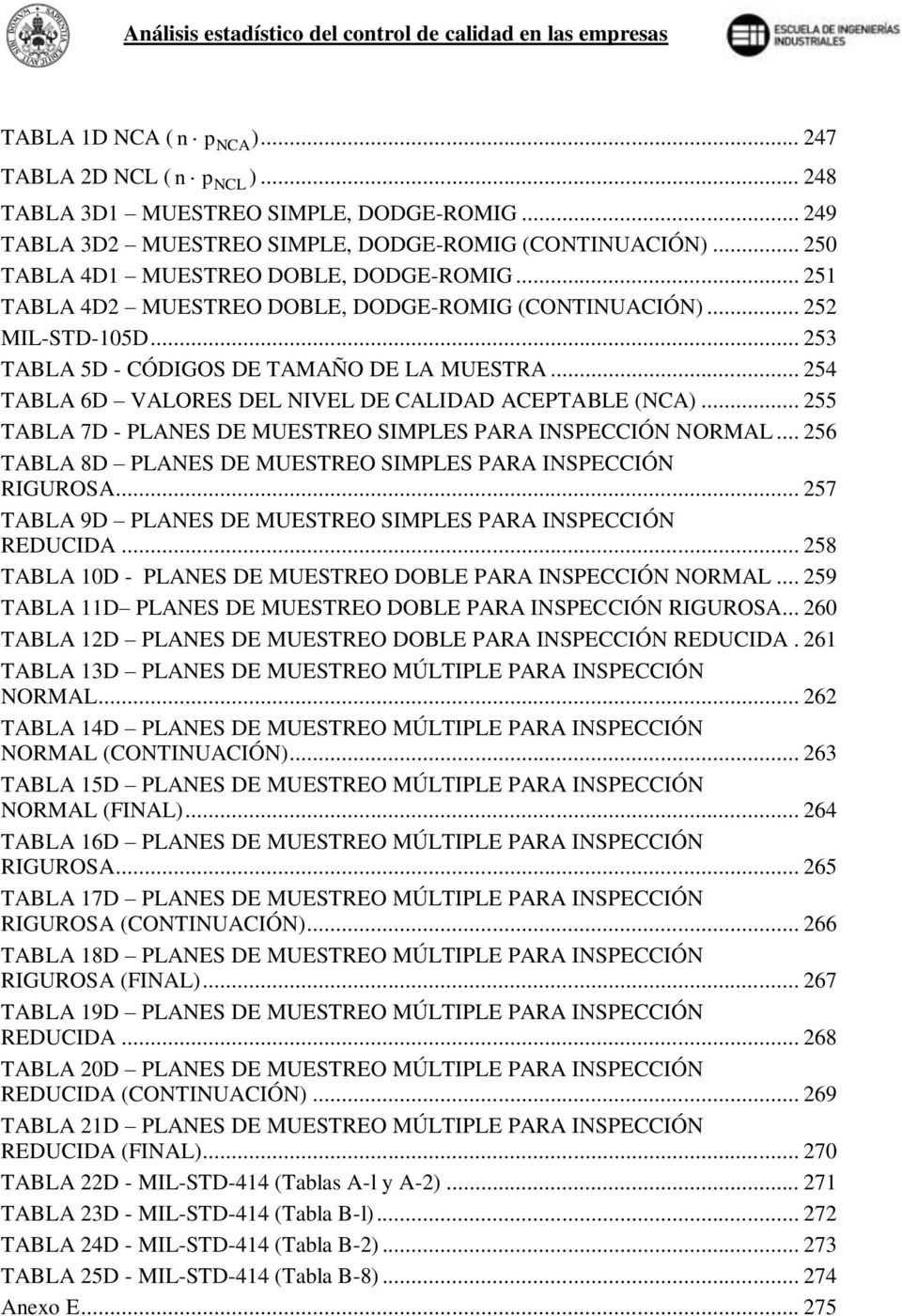 .. 54 TABLA 6D VALORE DEL NIVEL DE CALIDAD ACEPTABLE (NCA)... 55 TABLA 7D - PLANE DE MUETREO IMPLE PARA INPECCIÓN NORMAL... 56 TABLA 8D PLANE DE MUETREO IMPLE PARA INPECCIÓN RIGUROA.