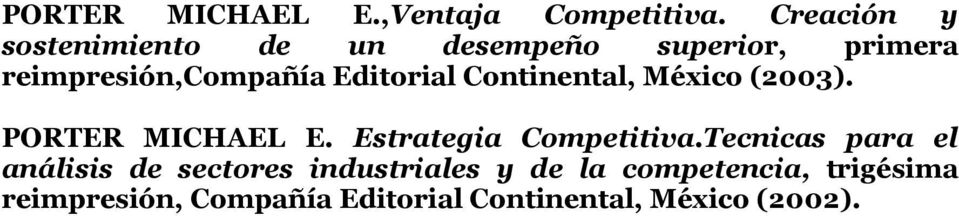 Editorial Continental, México (2003). PORTER MICHAEL E. Estrategia Competitiva.
