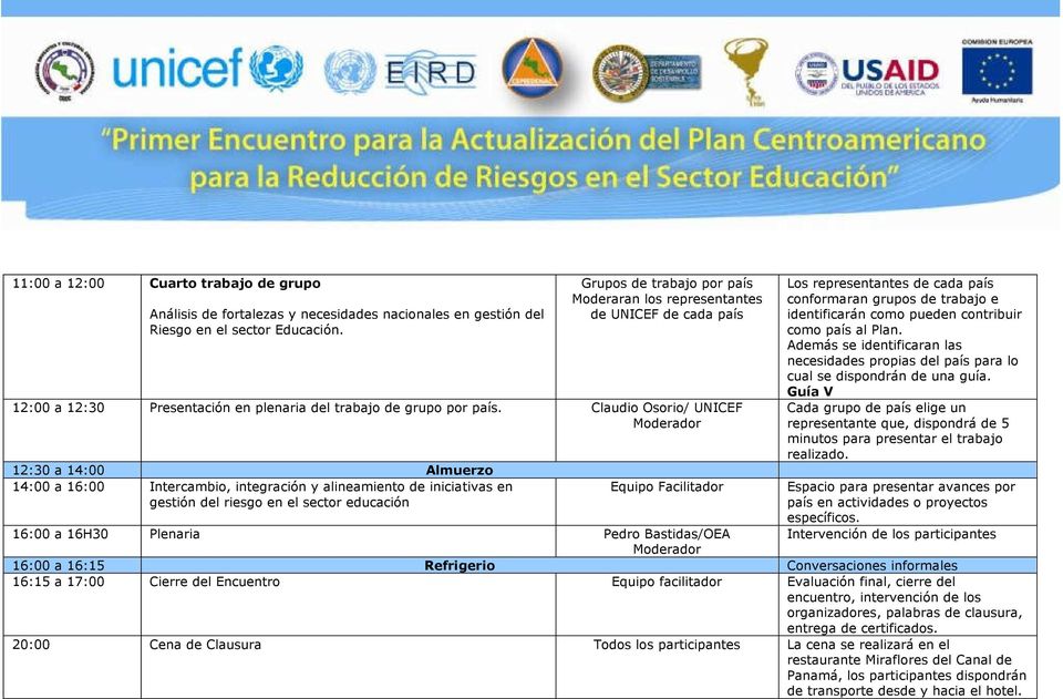 Claudio Osorio/ UNICEF 12:30 a 14:00 Almuerzo 14:00 a 16:00 Intercambio, integración y alineamiento de iniciativas en gestión del riesgo en el sector educación Equipo Facilitador Los representantes