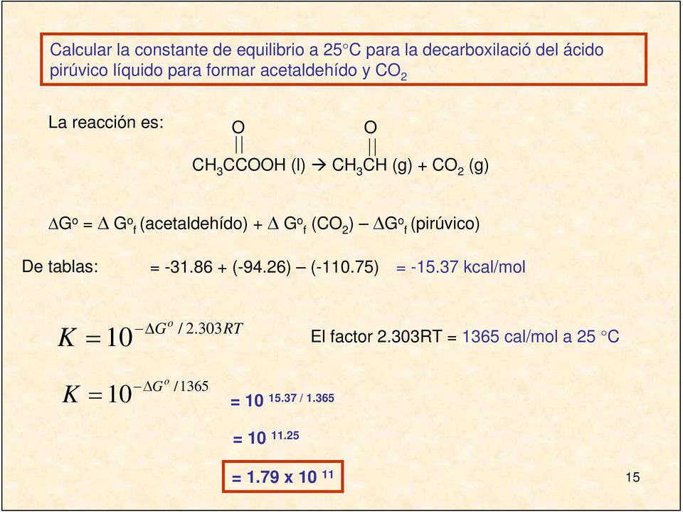 (g G G f (acetaldehíd + G f (CO G f (rúvc De tablas: -3.86 + (-94.6 (-.75-5.