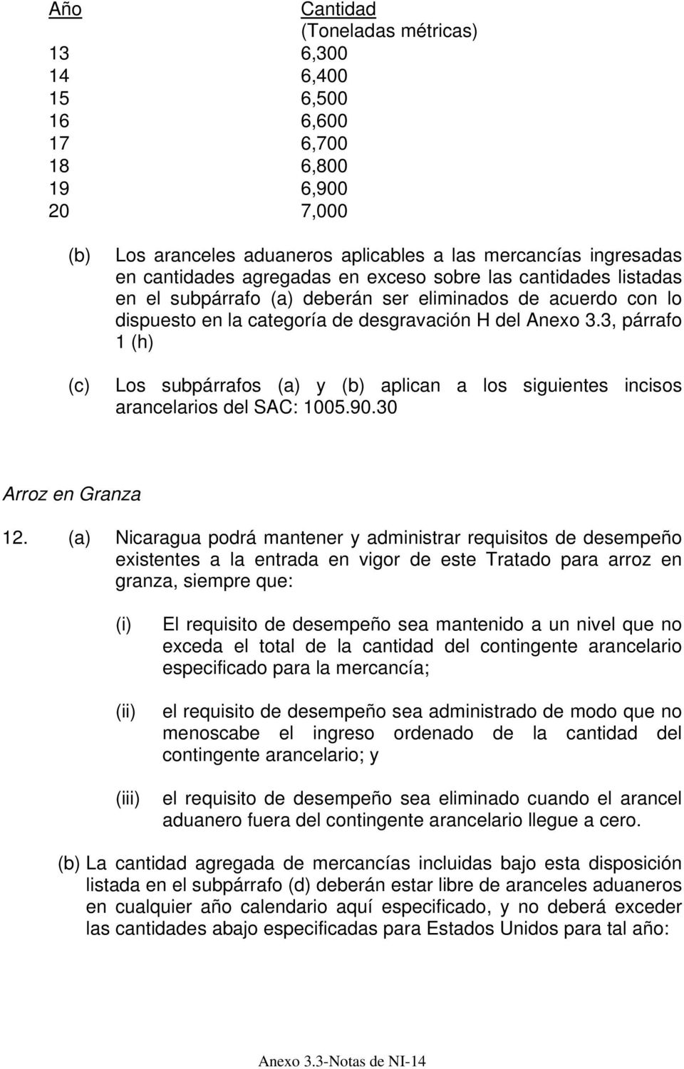 (a) Nicaragua podrá mantener y administrar requisitos de desempeño existentes a la entrada en vigor de este Tratado para arroz en granza, siempre que: (i) (ii) (iii) El requisito de desempeño sea